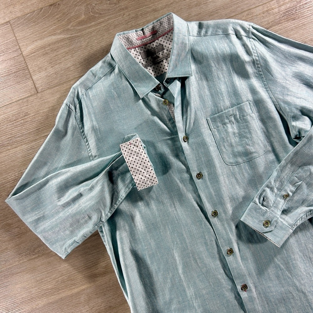 Ted Baker Mens 6 XXL Blue Jaames Linen Blend Herringbone Long Sleeve Button Down